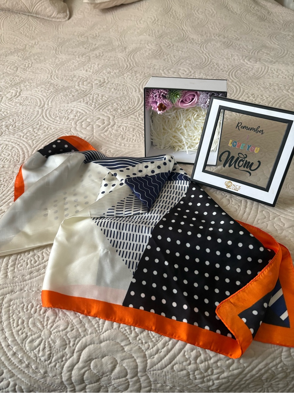 Polka Dot & Geometric Satin Scarf with Orange Trim